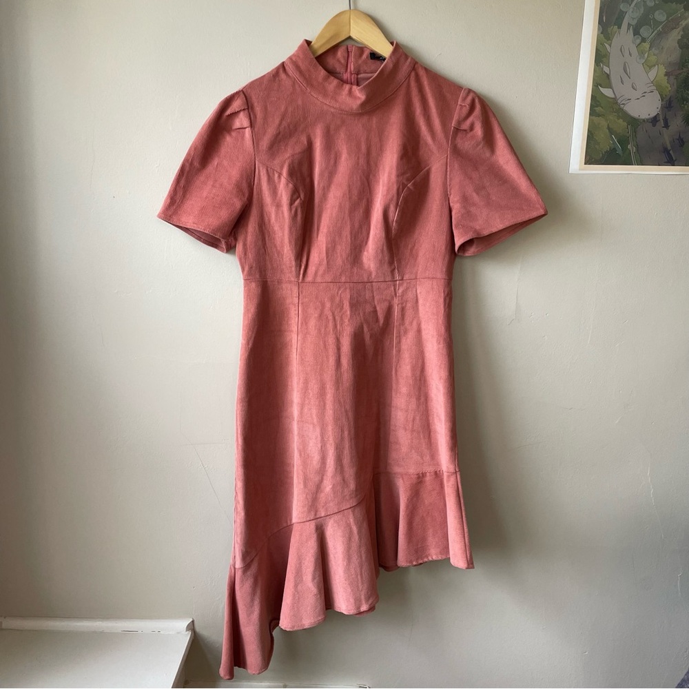 Adorable subtle sexy corduroy Asymmetrical Dress in Rose. Runs small…like a M-L